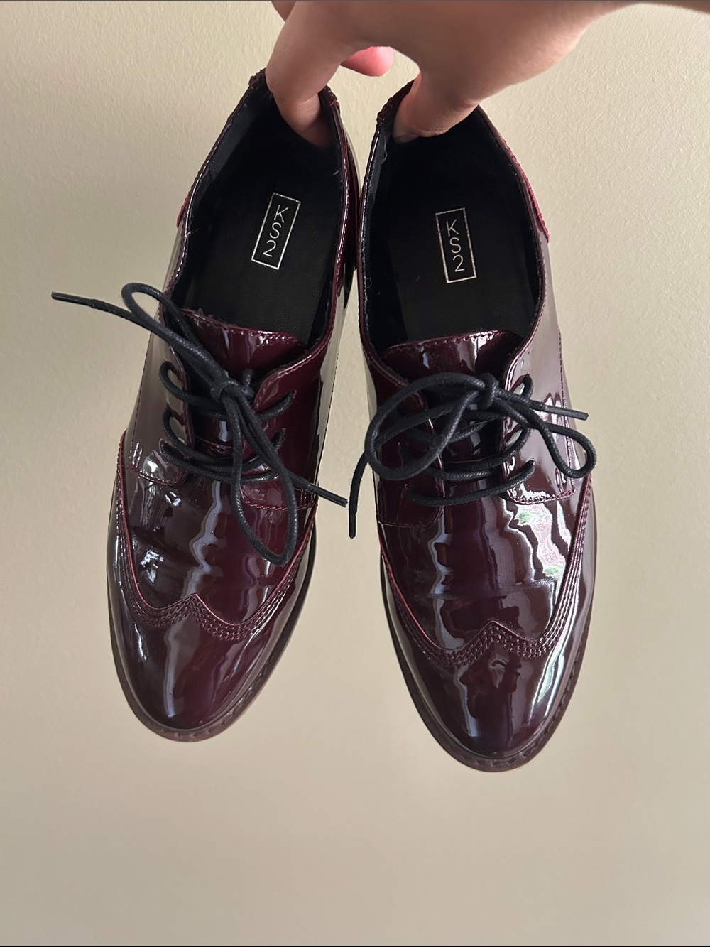 Women’s Burgundy Patent Leather Wingtip Oxfords